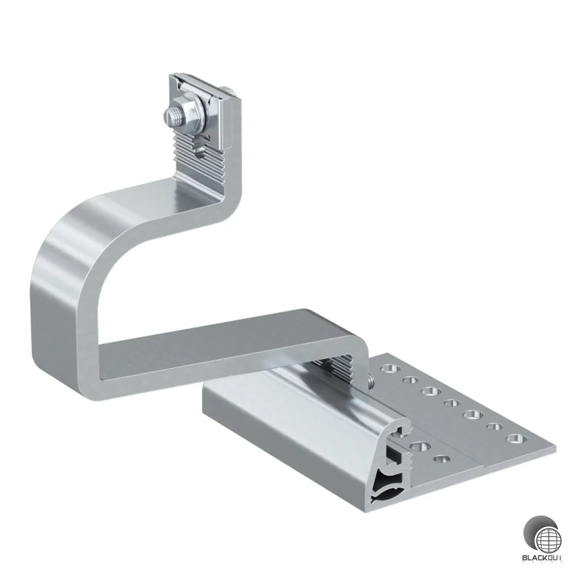 Verstellbarer Aluminium-Dachhaken für die PV-Montage auf Steildächern mit Dachziegeln unterschiedlicher Dicke. Horizontale Verstellung an der Grundplatte ermöglicht exakte Anpassung an Ziegelstärke und Schienenabstand.