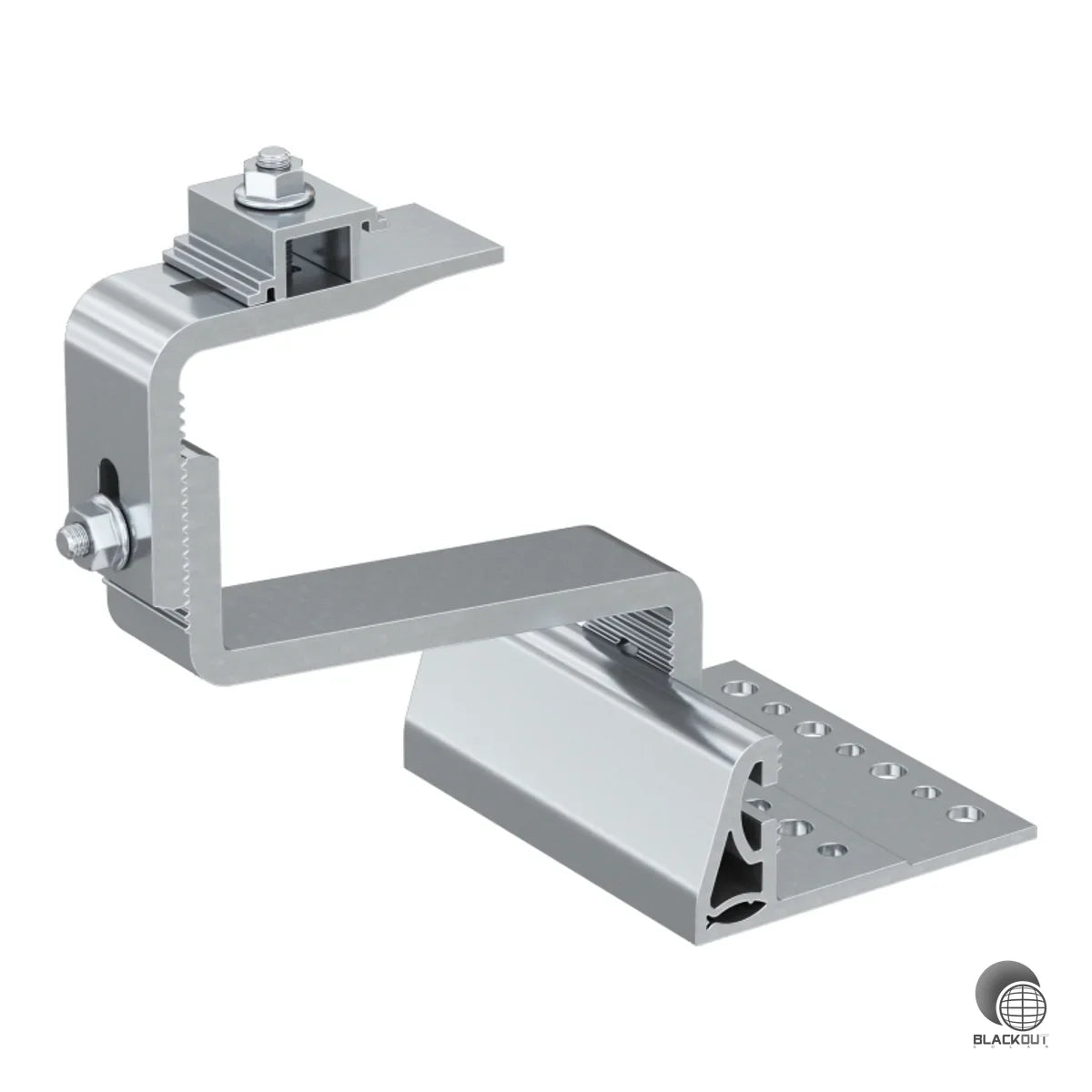 Verstellbarer Aluminium-Dachhaken für die PV-Montage auf Ziegeldächern mit Ziegelstärken von 52–67 mm. Horizontale Verstellung an der Grundplatte für exakte Anpassung an den Dachziegel.