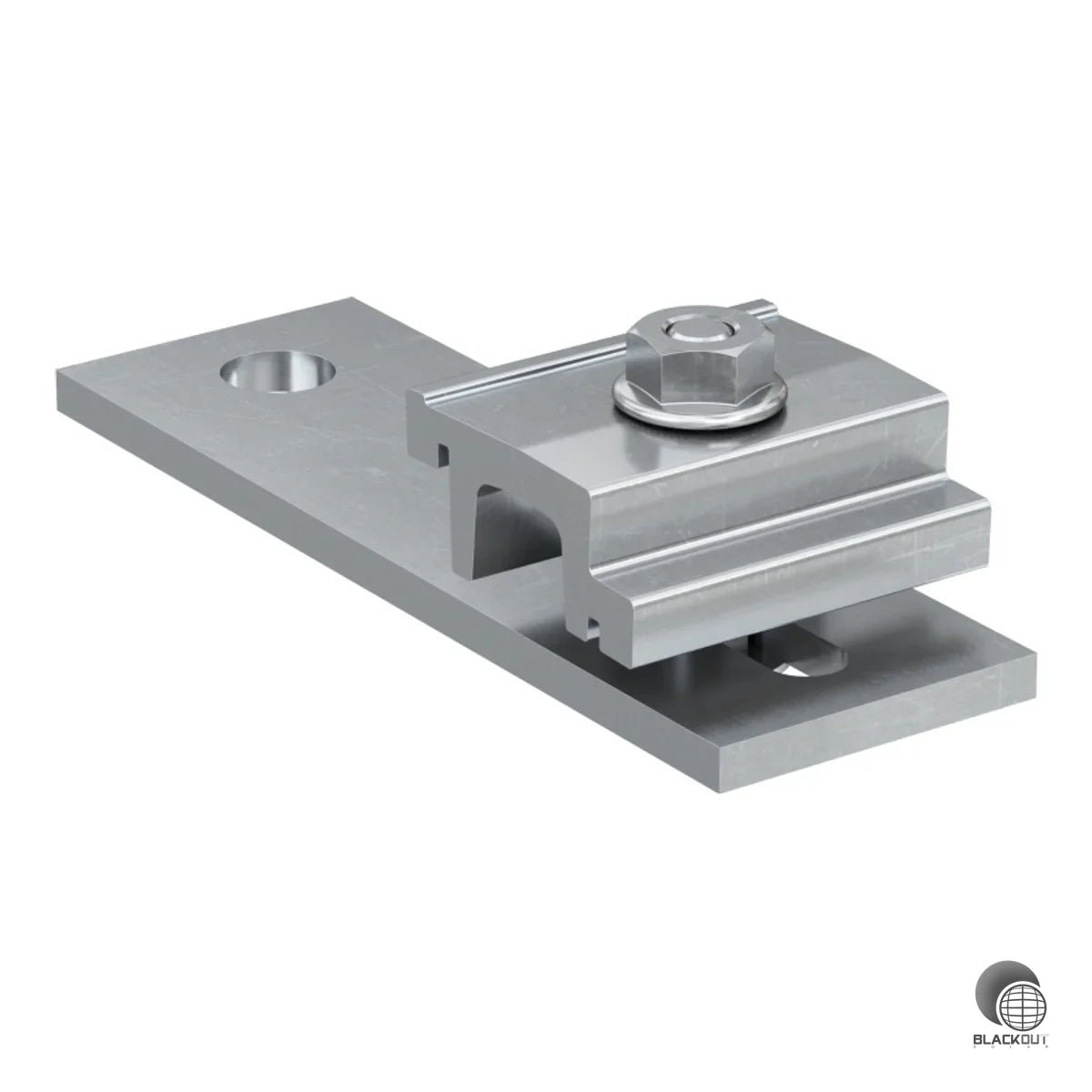 Vormontierter Flachverbindungshalter aus Edelstahl A2 zur Verbindung von Stockschrauben STSI/STSR mit SolarFish-Profilen H33 und H44. Schnelle Montage durch Anziehen einer einzigen Schraube.