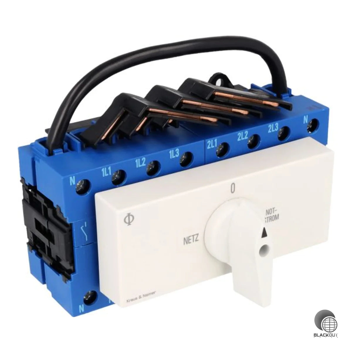 4-poliger Netz-Notstrom-Umschalter mit 0-Stellung für den sicheren Wechsel zwischen Netzversorgung und Notstromeinspeisung. Bemessungsstrom 63 A, geeignet für Verteilereinbau auf Hutschiene.