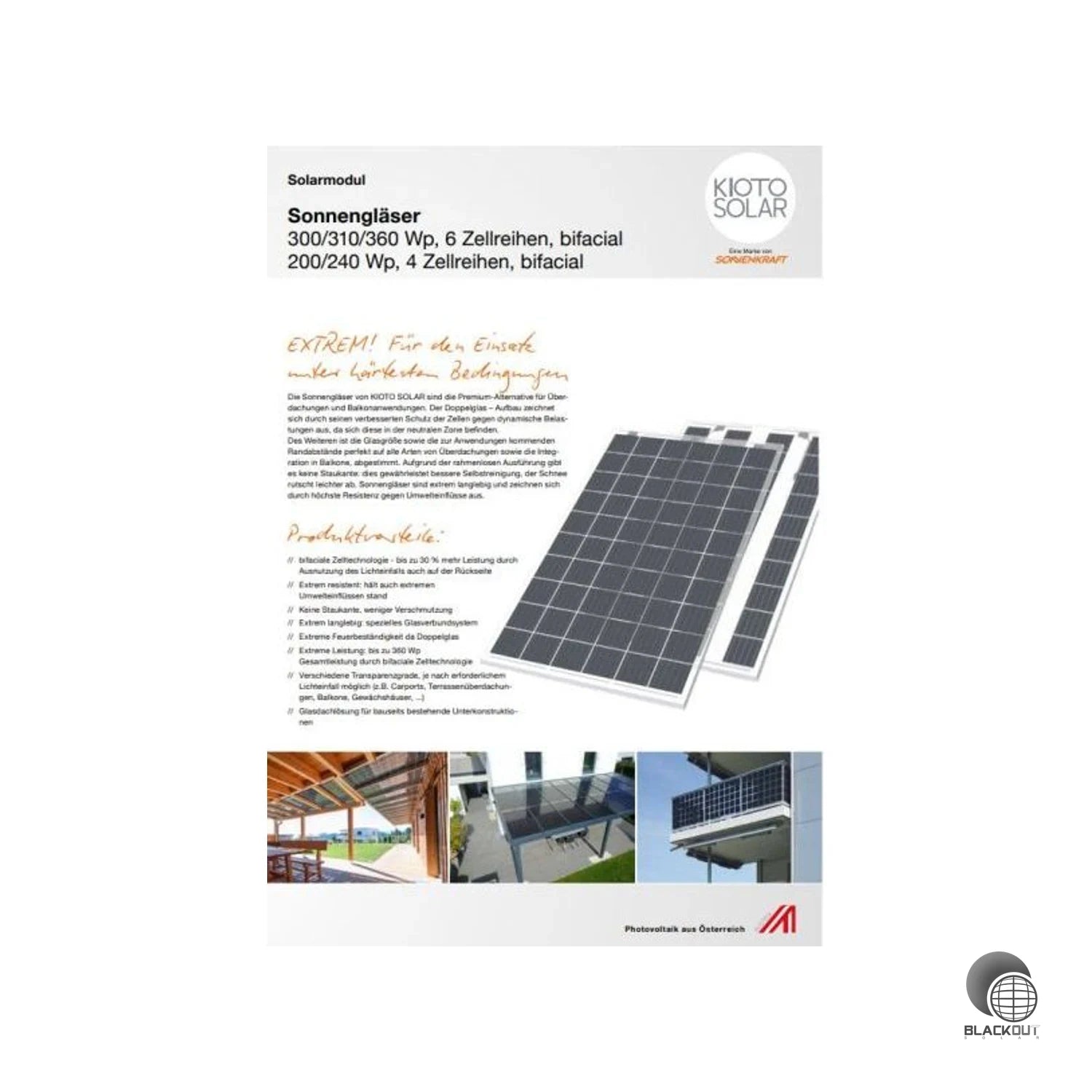 Das Sonnenkraft Sonnenglas 300 Wp ist ein rahmenloses Doppelglas-Modul mit bifazialer Zelltechnologie — ideal für Überdachungen, Zäune und Balkone mit architektonischem Anspruch.