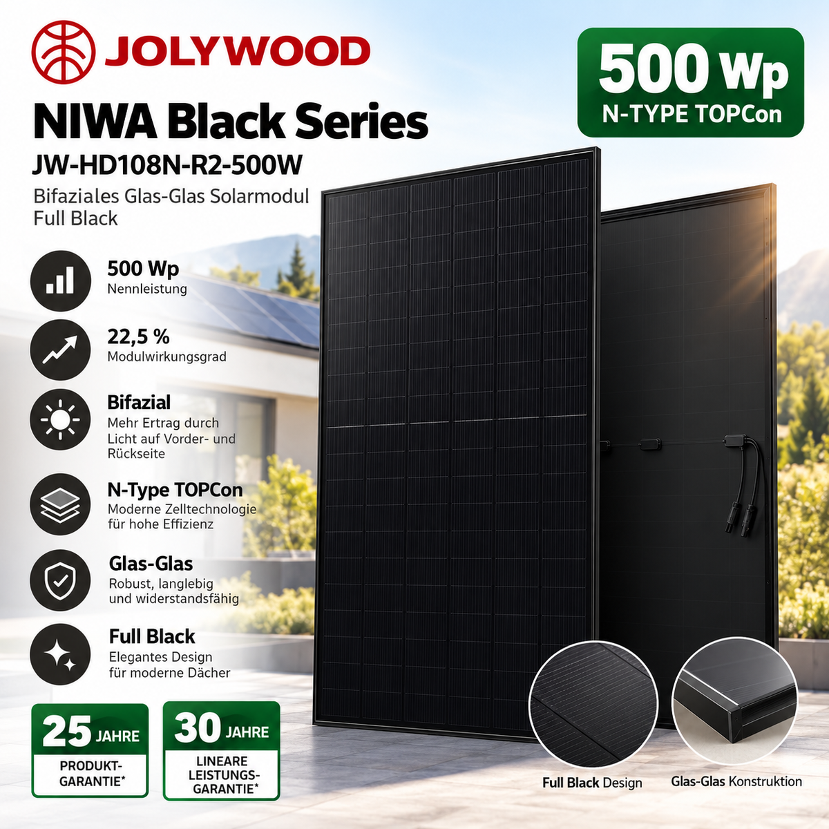Jolywood NIWA Black 500W – 37 Stück Palette | 18,5 kWp Gesamtleistung Bifaziales Glas-Glas Solarmodul Full Black