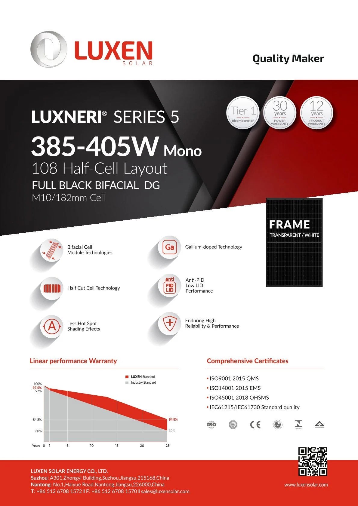 Luxen Solar 405W Mono Bifazial Glas-Glas Solarmodul Luxneri Series S5
